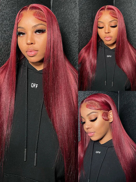 Burgundy 99J  Bone Straight Transparent HD Lace Frontal Pre Plucked Wig