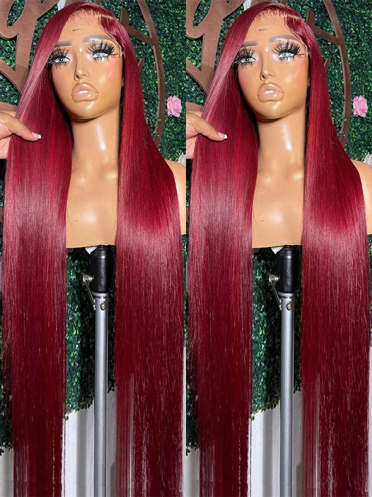 Burgundy 99J  Bone Straight Transparent HD Lace Frontal Pre Plucked Wig