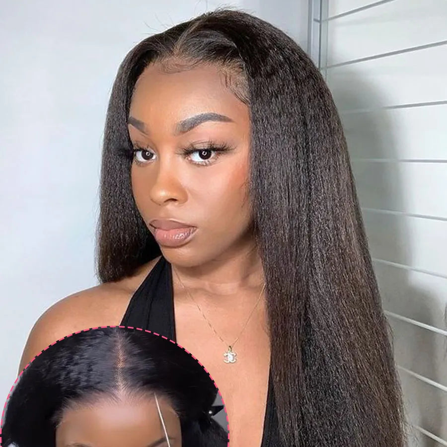 Kinky Straight Human Hair Glueless Wear & Go Transparent Swiss Lace Wig