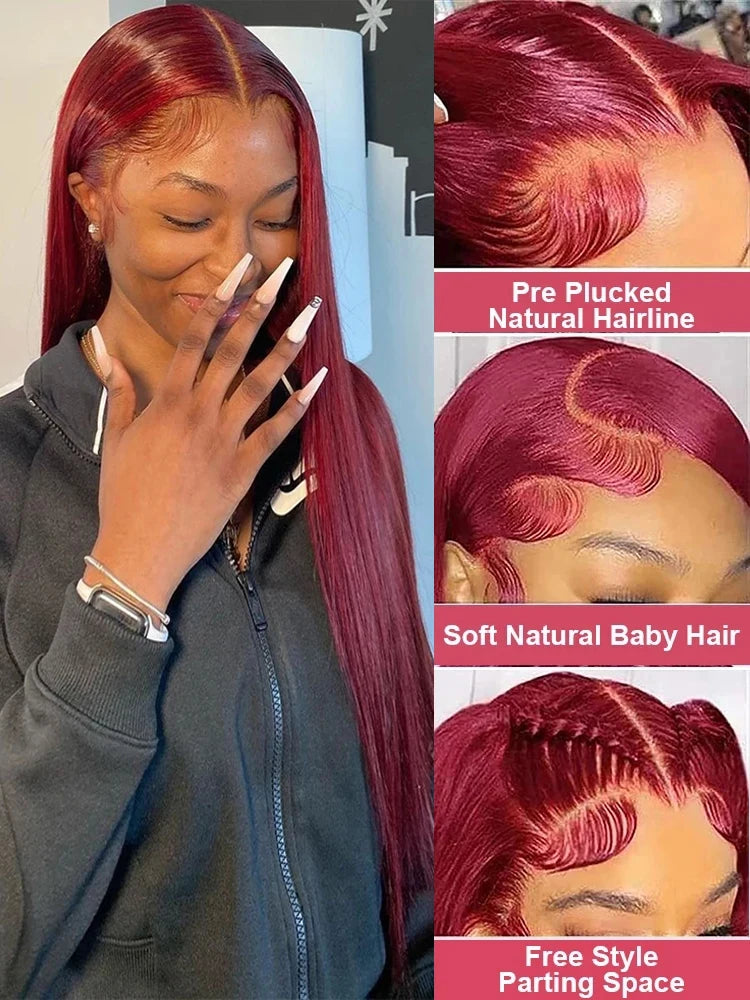 Burgundy 99J  Bone Straight Transparent HD Lace Frontal Pre Plucked Wig