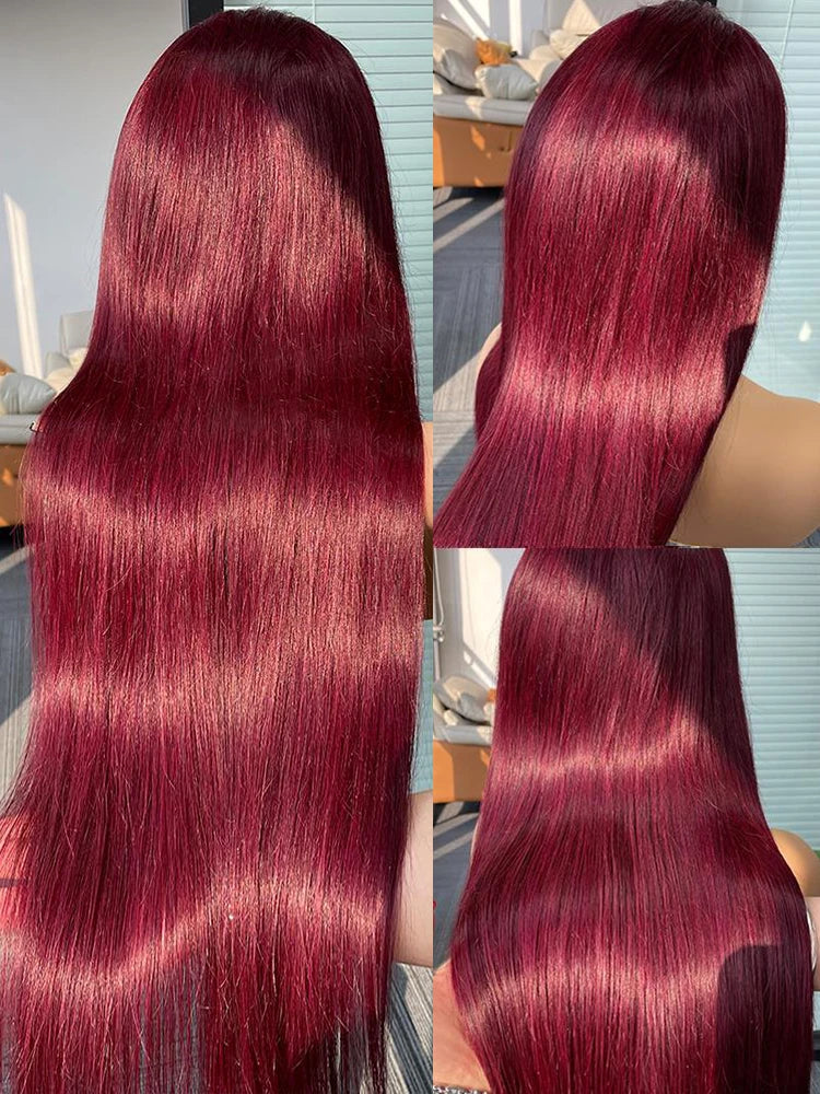 Burgundy 99J  Bone Straight Transparent HD Lace Frontal Pre Plucked Wig